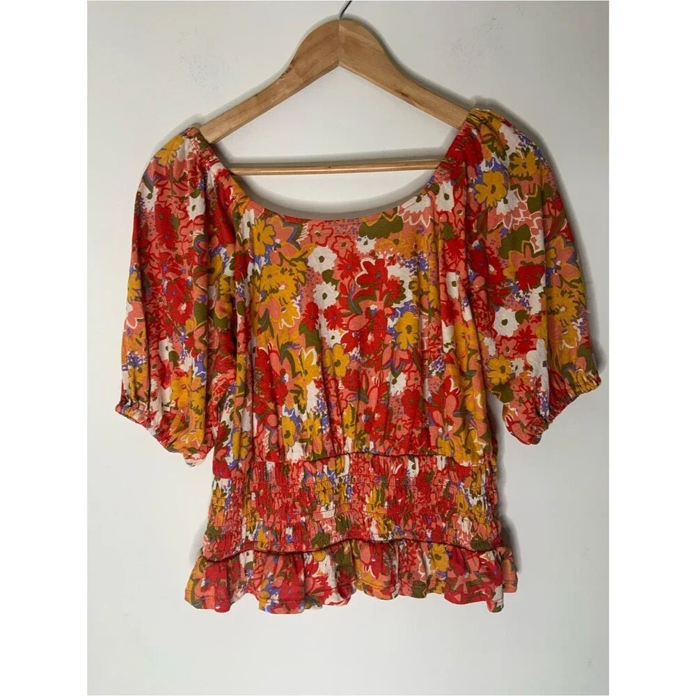 LOFT Red Multi Floral Cotton Puff Sleeve Smocked Waist Blouse S Spring